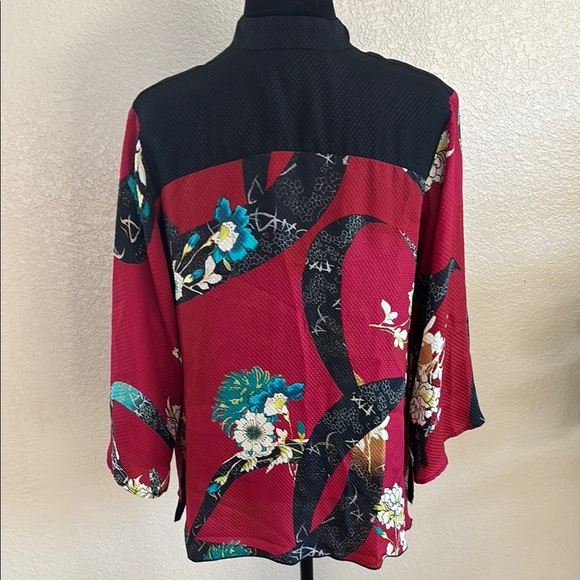 Citron Santa Monica 100% Silk Red Asian Inspired Floral Kimono Jacket - Picture 6 of 8